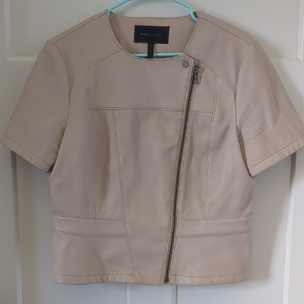 BCBGMaxAzria Tan Leather Jacket Asymmetrical Zipper